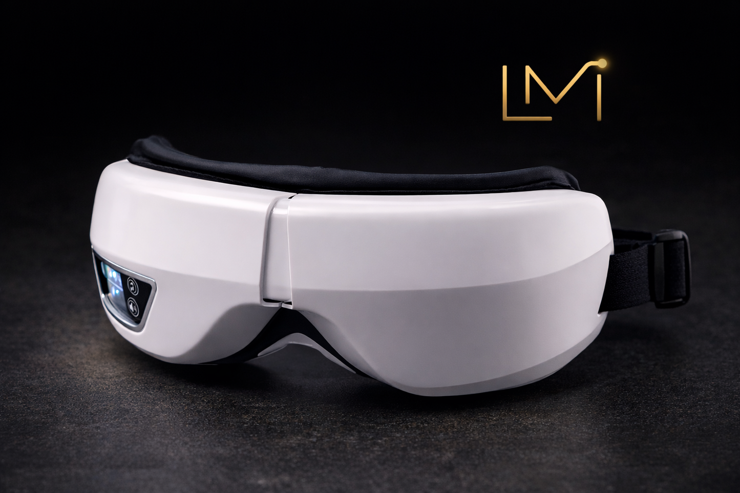 Masseur oculaire intelligent au design moderne sur fond noir, appareil de massage des yeux pliable avec chaleur, vibrations et pression d’air, idéal pour la détente, le sommeil et le soulagement de la fatigue visuelle.