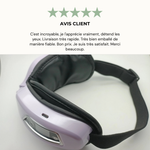 Avis client cinq étoiles accompagné d'une photo d'un masque de massage oculaire violet clair